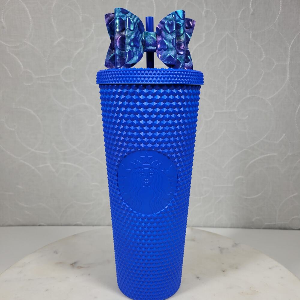 Starbucks China 2022 Klein Matte Blue Venti Studded Tumbler 9" Straw Bow Twist